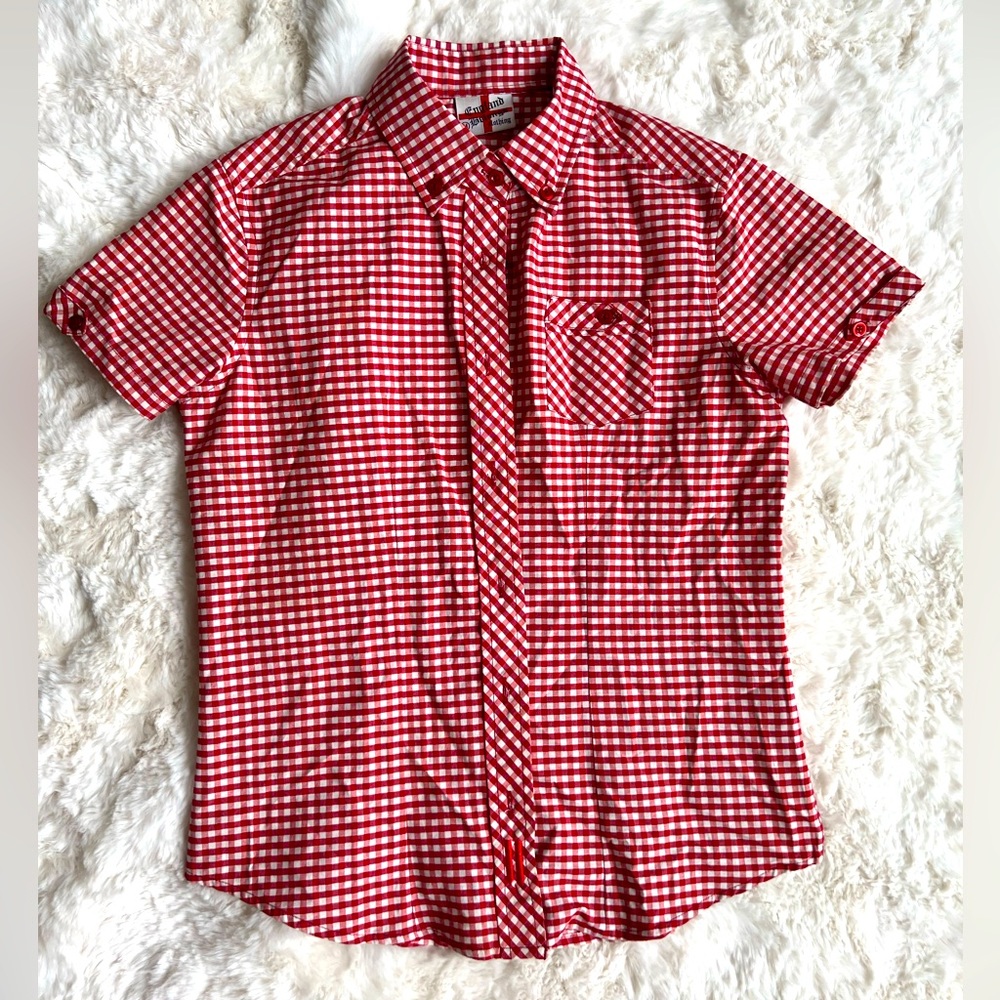 England Belongs Red Checkered Plaid Collared Short Sleeve Button Down Shirt